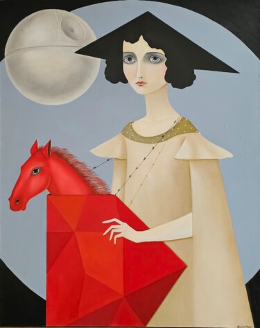 Malarstwo zatytułowany „Bathing the red hor…” autorstwa Nina Grighel, Oryginalna praca, Olej Zamontowany na Drewniana rama n…