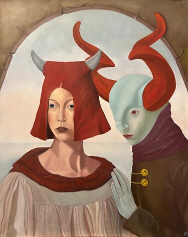 Malerei mit dem Titel "Huldra and Fawn. Di…" von Nina Grighel, Original-Kunstwerk, Öl
