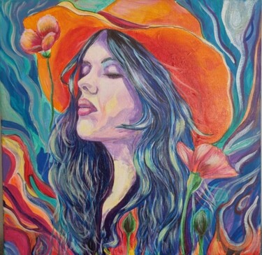 Painting titled "Woman in orange hat…" by Nina Lazar, Original Artwork, Acrylic