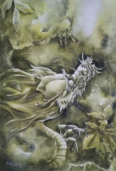 Painting titled "Forest Dragon" by Nina Rusakova, Original Artwork, Watercolor