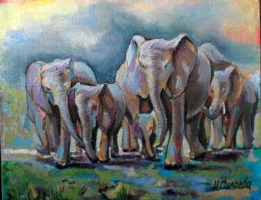 Painting titled "elefants serengety" by Nina Silaeva, Original Artwork