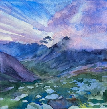 Pintura intitulada "Вечер в горах" por Nina Yudina, Obras de arte originais, Aquarela