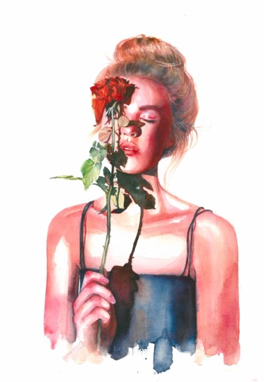 Painting titled "A girl with a rose" by Nina Ingilevich, Original Artwork, Watercolor