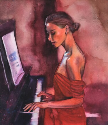 Painting titled "Piano player girl" by Nina Ingilevich, Original Artwork, Watercolor