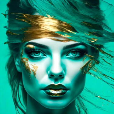 Arts numériques intitulée "Splashn'Gold & Turq…" par Ninn, Œuvre d'art originale, Image générée par l'IA