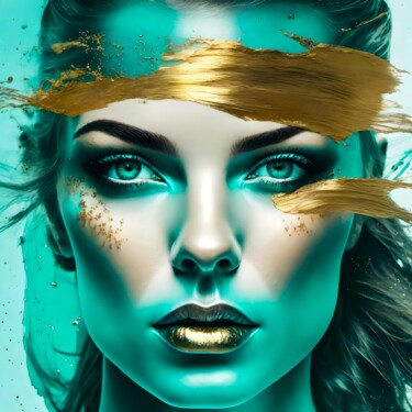 Цифровое искусство под названием "Splashn'Gold & Turq…" - Ninn, Подлинное произведение искусства, Изображение, сгенерированн…