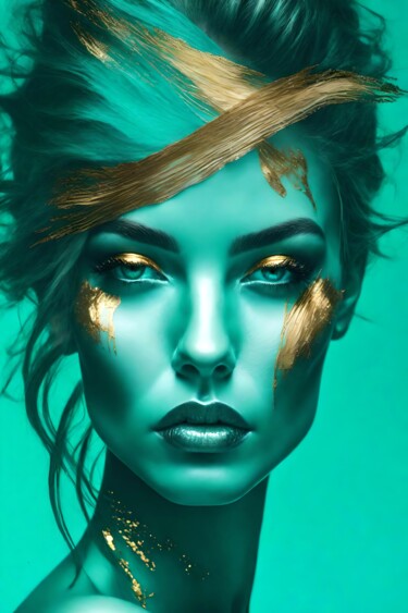 Цифровое искусство под названием "Splashn'Gold & Turq…" - Ninn, Подлинное произведение искусства, Изображение, сгенерированн…