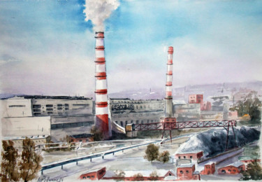 Painting titled "Industrial area 1" by Nina Polunina, Original Artwork, Watercolor