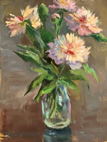 Schilderij getiteld "Pink Peonies from m…" door Nithya Swaminathan, Origineel Kunstwerk, Olie Gemonteerd op Houten paneel