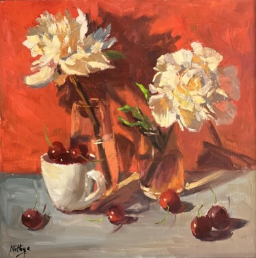 Pintura intitulada "White Peonies and C…" por Nithya Swaminathan, Obras de arte originais, Óleo Montado em Painel de madeira