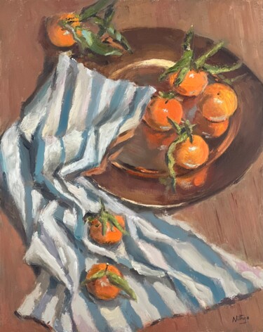 "Oranges on Stripes" başlıklı Tablo Nithya Swaminathan tarafından, Orijinal sanat, Petrol Ahşap panel üzerine monte edilmiş