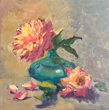 Painting titled "Roses and blue jar" by Nithya Swaminathan, Original Artwork, Oil Mounted on Wood Panel