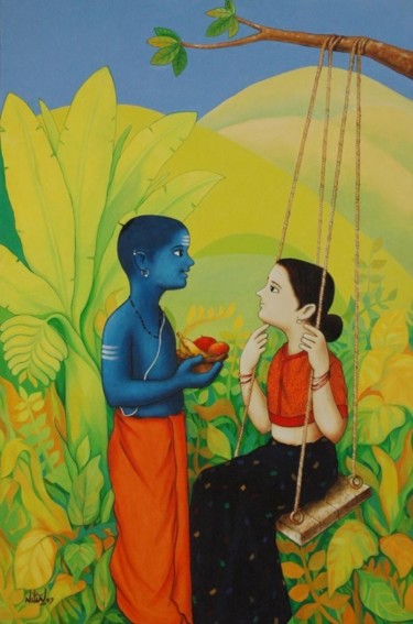 Painting titled "With sister in Guru…" by Nitin Ghangrekar, Original Artwork, Oil