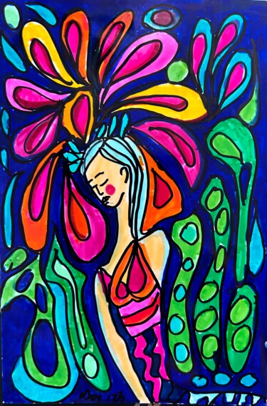 Drawing titled "Flowers in her Hair" by Njoy, Original Artwork, Marker