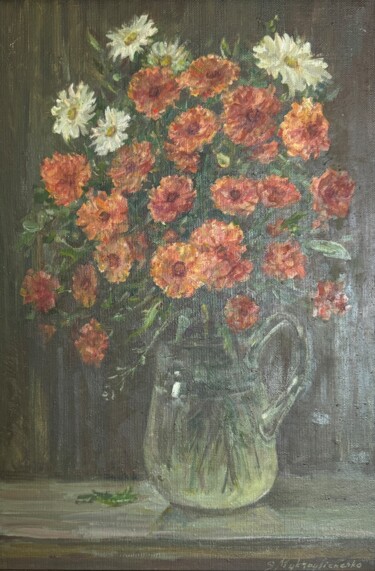 Schilderij getiteld "Marigold" door Nk. Artbox, Origineel Kunstwerk, Olie Gemonteerd op Frame voor houten brancard