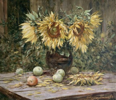 Schilderij getiteld "Sunflowers in a rur…" door Nk. Artbox, Origineel Kunstwerk, Olie Gemonteerd op Frame voor houten branca…