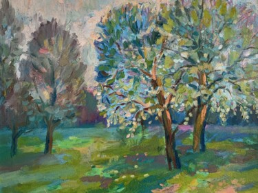 Painting titled "Early spring in Sum…" by Nk. Artbox, Original Artwork, Oil Mounted on Wood Stretcher frame