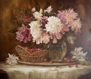 Painting titled "Peonies (Other size)" by Nk. Artbox, Original Artwork, Oil Mounted on Wood Stretcher frame