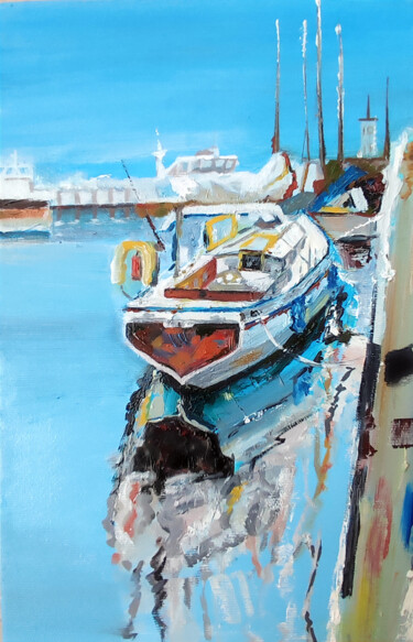 Painting titled "Boat" by Natalia Nozdrina, Original Artwork, Oil Mounted on Wood Stretcher frame
