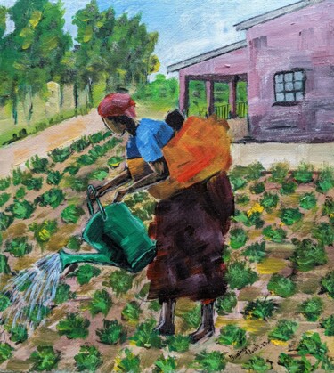 Painting titled "MAMA'S FRONT YARD" by Noah Bugingo, Original Artwork, Acrylic Mounted on Wood Stretcher frame