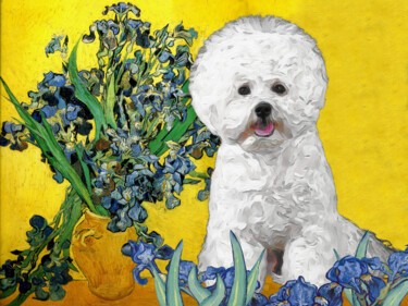 Painting titled "Bichon Frise Irises…" by Nobilitydogs, Original Artwork, Digital Painting