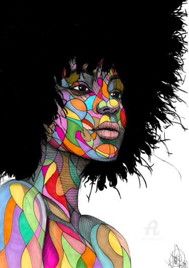 Tekening getiteld "Afro colorful" door Art De Noé, Origineel Kunstwerk, Inkt