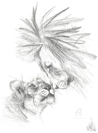 Rysunek zatytułowany „Love lions” autorstwa Art De Noé, Oryginalna praca, Ołówek