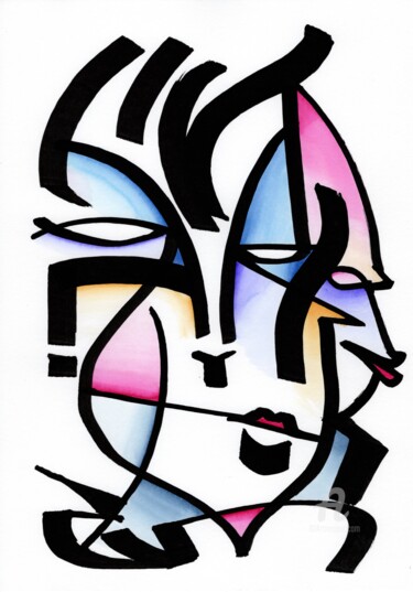 Drawing titled "Calligra face(s)" by Art De Noé, Original Artwork, Watercolor