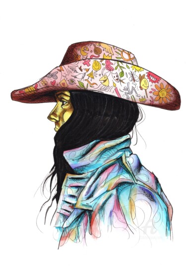 Drawing titled "Cowgirl" by Art De Noé, Original Artwork, Acrylic