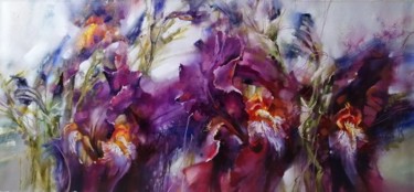 Картина под названием "Фиолетовые ирисы" - Irina Nogina, Подлинное произведение искусства, Масло Установлен на Деревянная ра…