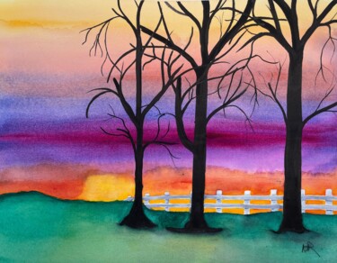 Painting titled "Auburn Sunset" by Nancy Riedell, Original Artwork, Watercolor