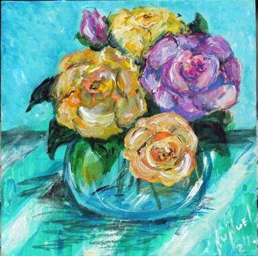 Painting titled "Roses in blue vase" by Nunuel, Original Artwork, Acrylic
