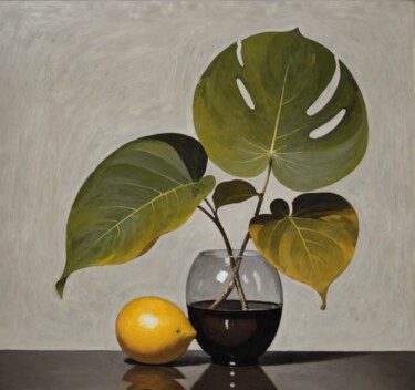 Painting titled "Lemon Still-Life" by Nursultan Abildayev, Original Artwork, Acrylic Mounted on Wood Stretcher frame