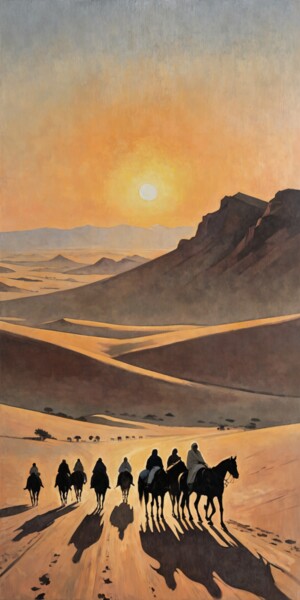 Painting titled "Desert Caravan" by Nursultan Abildayev, Original Artwork, Oil Mounted on Wood Stretcher frame