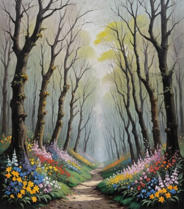 Painting titled "Forest Stroll" by Nursultan Abildayev, Original Artwork, Oil Mounted on Wood Stretcher frame