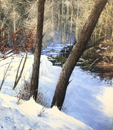 Painting titled "Snowy Forest" by Nusret Aktay, Original Artwork, Oil Mounted on Wood Stretcher frame