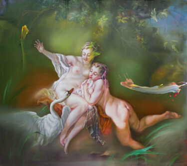 Schilderij getiteld "Leda and swan..." door Nusret Aktay, Origineel Kunstwerk, Olie