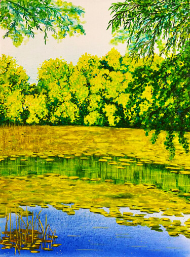 Картина под названием "Озеро в деревне Рыб…" - Olga Dokuchaeva, Подлинное произведение искусства, Акварель Установлен на кар…