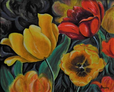 제목이 "Tulipes"인 미술작품 Odile Joguin로, 원작, 기름 판지에 장착됨