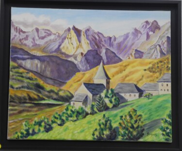 Pittura intitolato "village des Pyrénées" da Odile Joguin, Opera d'arte originale, Olio Montato su Telaio per barella in leg…