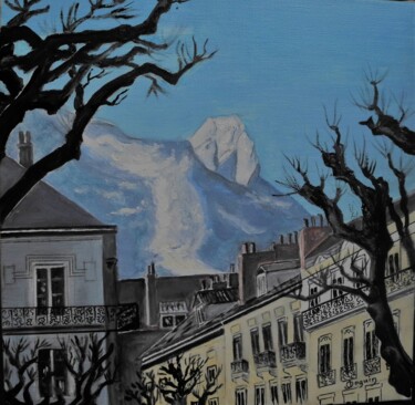 Painting titled "vercors vu de la pl…" by Odile Joguin, Original Artwork, Oil Mounted on Wood Stretcher frame