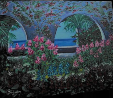 Pittura intitolato "jardin" da Odile Joguin, Opera d'arte originale, Olio Montato su Cartone