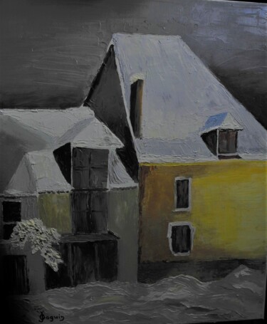 Pintura intitulada "maisons enneigées" por Odile Joguin, Obras de arte originais, Óleo Montado em Cartão