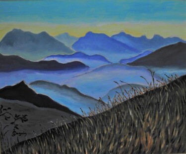 Картина под названием "montagne et brume" - Odile Joguin, Подлинное произведение искусства, Масло Установлен на Деревянная р…
