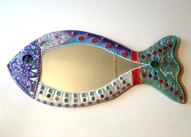 Design intitulée "miroir "poisson arc…" par Odile Maffone, Œuvre d'art originale, Mosaïque Monté sur Châssis en bois
