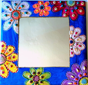 Diseño titulada "miroir carré "fleur…" por Odile Maffone, Obra de arte original, Mosaico Montado en Panel de madera