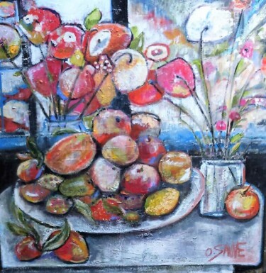 Painting titled "Nature gourmande" by Odile Sauve, Original Artwork, Oil Mounted on Wood Stretcher frame