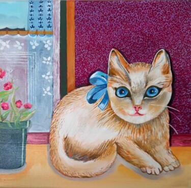 Malerei mit dem Titel "Un chat tout doux" von Bron Odile, Original-Kunstwerk, Öl