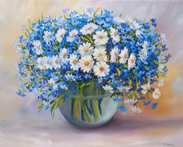 Schilderij getiteld "Blaue Blumen 2.23" door Olga Hanns (O. Hanns), Origineel Kunstwerk, Olie