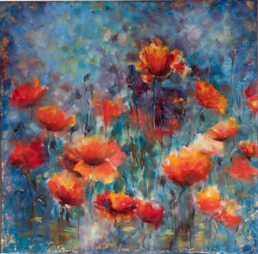 Painting titled "Solar poppies" by Ok, Original Artwork, Oil Mounted on Wood Stretcher frame